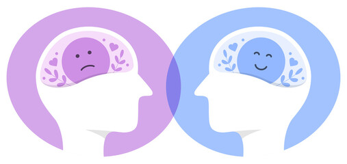 World mental health day concept, two human head profiles with positive and negative thinking brains