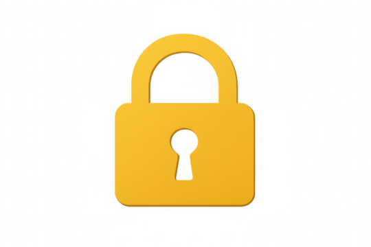 Closed yellow lock representing security, privacy, and data protection, on a transparent background