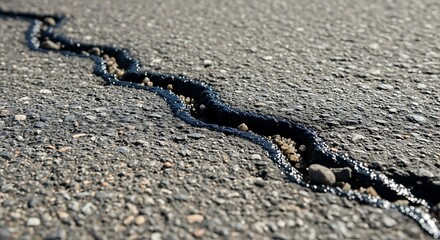 Close up of a deep crack in asphalt pavement showing texture and detail.