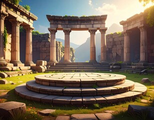 Fototapeta premium Classical Stone Ruins with Columns on a Grassy Hillside against Mountain Backdrop