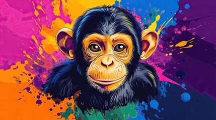 Portrait of a cute baby monkey in a colorful vector illustration, an animal character design for print-on-demand products, and graphic t-shirt art 