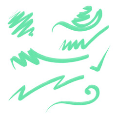 Obraz premium Mint green brush strokes and abstract shapes are scattered on a white background, creating a simple, artistic design.