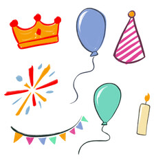 Whimsical illustration featuring a crown, balloons, party hat, confetti, banner, and candle, all rendered in a colorful, hand-drawn style.