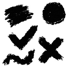 Collection of grunge style black marks including a checkmark, cross, circle, squiggle, and rectangle on a white background.