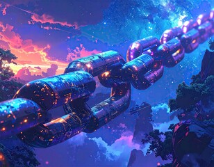 Glowing Metal Chain Against a Vibrant Purple and Pink Sky