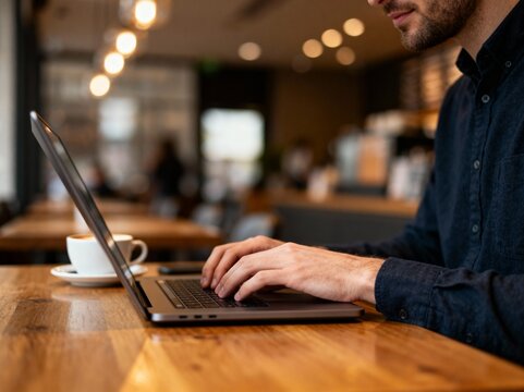Man working on a laptop at a coffee shop - Remote work and business