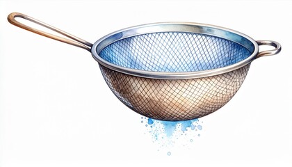 Metal Strainer with Water Dripping Through Mesh on White Background Illustration