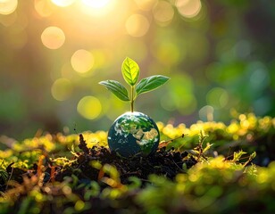 Green Sprout Emerging from Earth Globe in Sunlight