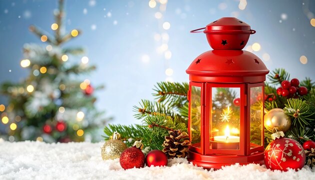 Red Lantern in Snow with Ornaments & Tree – Cozy Christmas Glow in Winter Wonderland - Powered by Adobe
