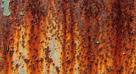 Close-up view of weathered, peeling paint revealing textured rust patterns on a metal surface.