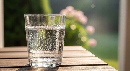 Refreshing Glass of Water with Condensation on an Outdoor Table in the Morning