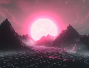 retro wave landscape with glowing neon pink sun and black mountains, grid on the ground, digital art