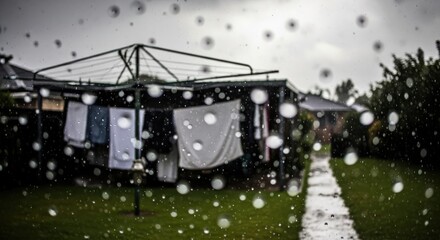 Overcast afternoon view of a suburban backyard, with laundry drying on a clothesline, seen through a rain-streaked window pane
