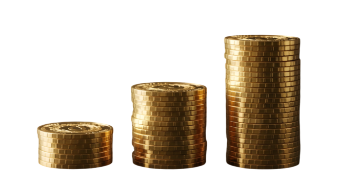 Rising Wealth: A visual depiction of financial growth, where stacks of gleaming gold coins ascend in size, symbolizing the accumulation of wealth, financial success, investment and prosperity. 
