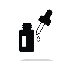 Fototapeta premium A minimalist black silhouette icon depicts a dropper bottle with a pipette dispensing a single liquid drop, symbolizing precise measurement.