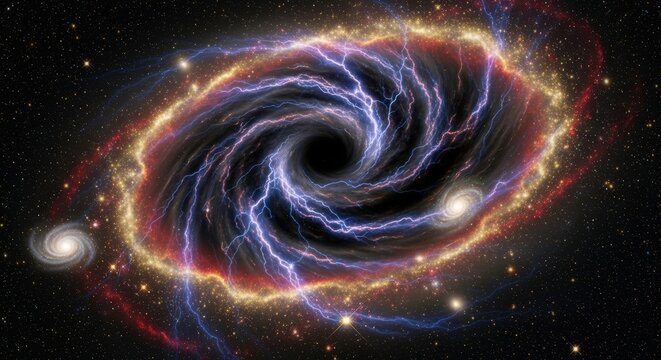 Artistic representation of a black hole with swirling accretion disk and surrounding galaxies.