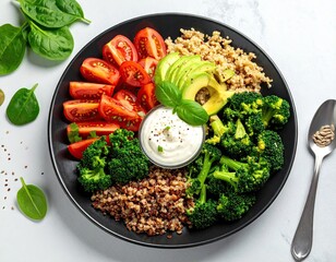 Healthy Quinoa Bowl with Avocado, Tomatoes, and Broccoli