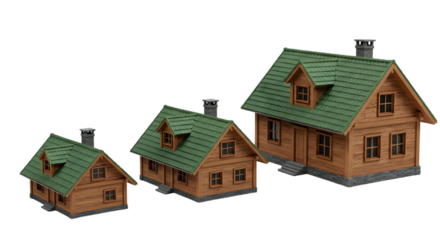 Miniature Homes: A charming set of three quaint model homes, each with a distinct size. Model houses capture the essence of simple living, a tranquil symbol of home.