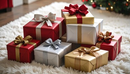 Festive Gift Boxes on White Rug with Christmas Tree – Cozy Holiday Celebration