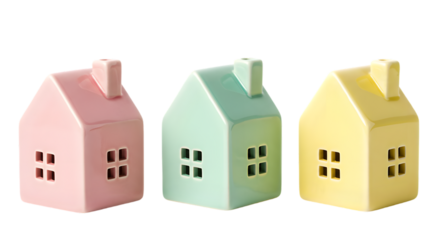 Dreamy Miniature Homes: A delightful collection of three pastel-colored miniature houses with charming architectural details stands in perfect harmony. A dream home concept!