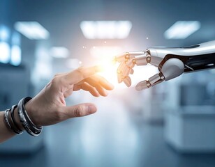 Human Hand Reaching Robotic Hand with Glowing AI Core