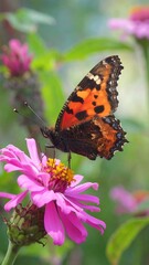 Obraz premium A butterfly rests on a vibrant pink flower