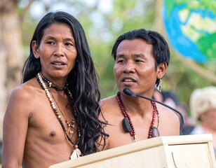 Indigenous Men Delivering Speech at Environmental Ceremony