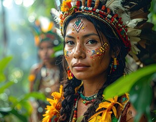 Indigenous Woman in Traditional Headdress and Face Paint