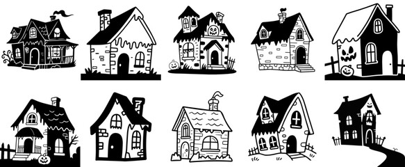 Set of six coloring page houses with different shapes details