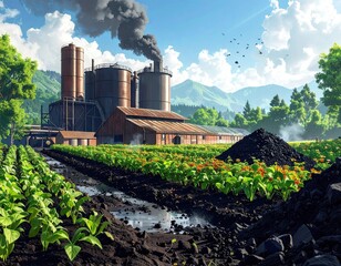 Industrial Facility Near Lush Farmland Under Sunny Sky
