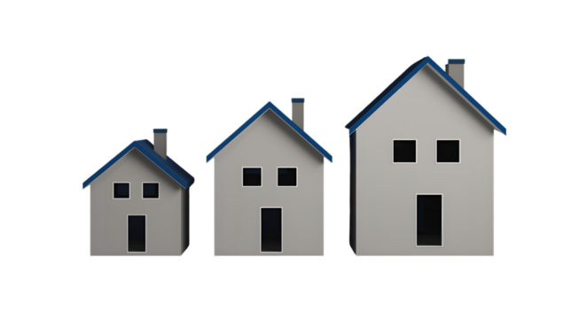 Real Estate Progression: A trio of miniature houses ascend in size, mirroring the upward trajectory of the real estate market, painted with a cool color palette, implying growth and investment. 