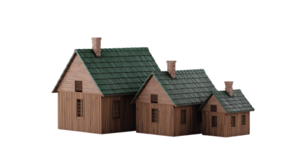 Model Houses: A group of model houses with green tile roofs and brown wooden walls, perfect for illustrating concepts of neighborhood, town planning, real estate or the housing market.
