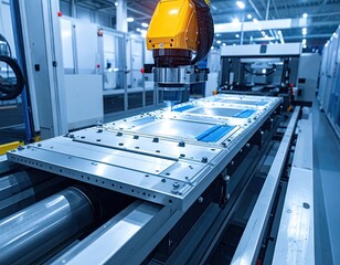 Industrial Robot Arm Assembling Metal Plate on Conveyor Belt