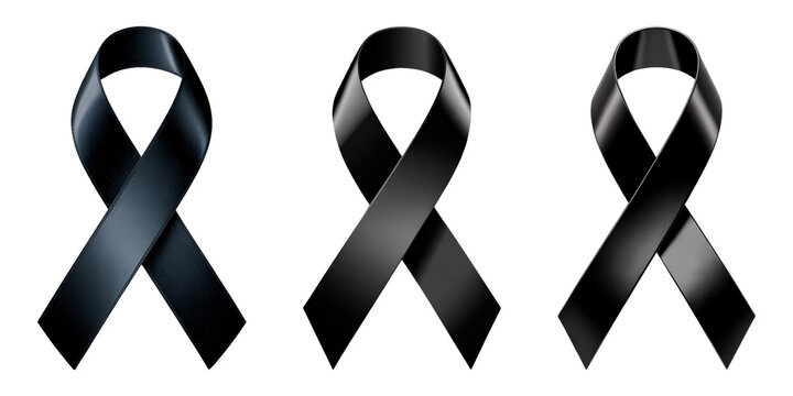 Three realistic black awareness ribbons isolated on a transparent background
