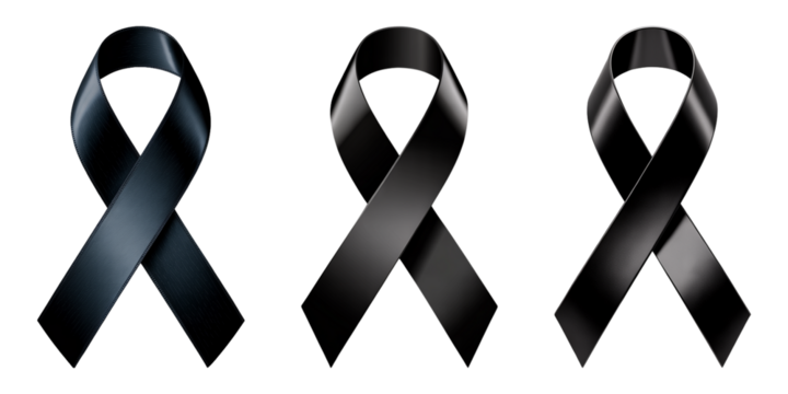 Three realistic black awareness ribbons isolated on a transparent background