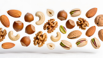 High-resolution 3D render of mixed nuts levitating on white background