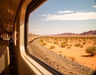 Fototapeta premium View of dry desert through a window of a train travel concept