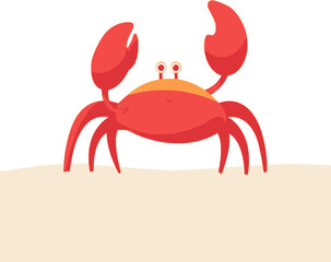 Red crab standing on sand in cartoon flat vector design for summer season