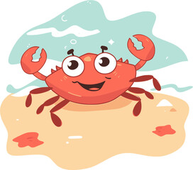Red crab standing on sand in cartoon flat vector design for summer season