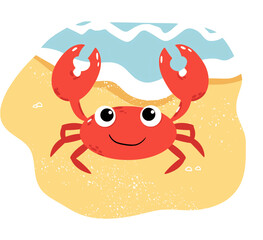 Red crab standing on sand in cartoon flat vector design for summer season