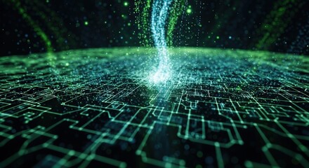 Abstract digital stream of data flowing into a circuit board pattern on a dark background with green glowing particles.