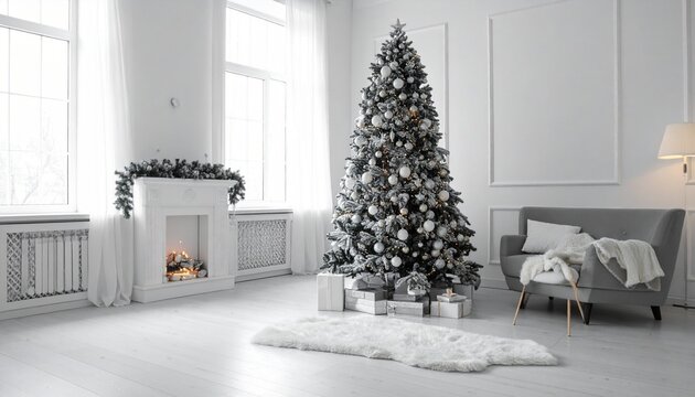 Monochrome Christmas Living Room with Silver Tree and Fireplace – Elegant Holiday Interior