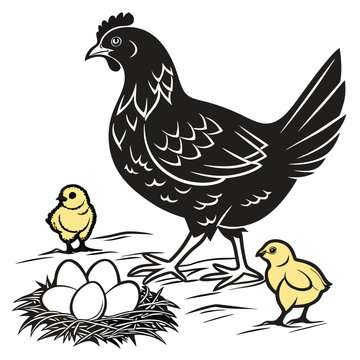 Mother hen and chicks with eggs in nest.