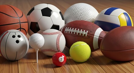 Collection of various sports balls on wooden floor.