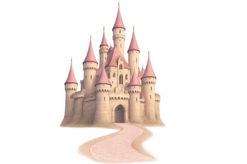 Obraz premium Pink medieval castle featuring ornate turrets, winding pathway approaching grand entrance, floating on transparent backdrop