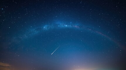 Naklejka premium Stunning night sky showcasing a vibrant Milky Way arch with a shooting star above a serene landscape