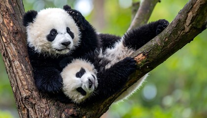 Obraz premium Two panda cubs in a tree