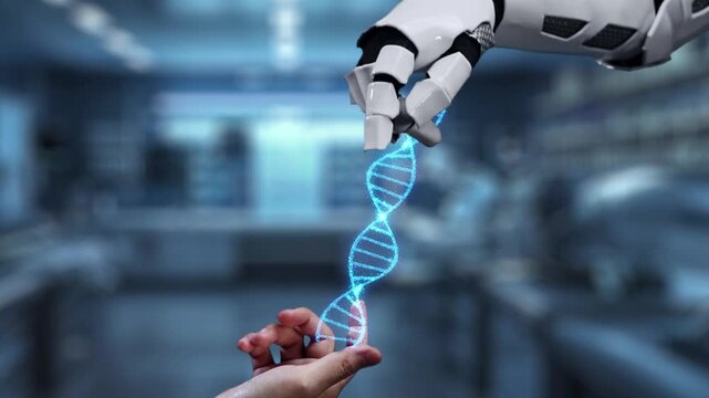Robot and human reaching hand and pointing finger with DNA holographic floating. Close up of robotic hand and human working together while pointing finger at blurred laboratory background. Salubrious.