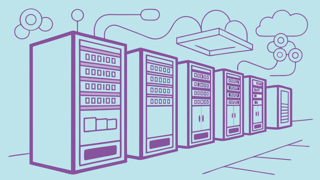 Data center servers in a row for cloud computing and storage.