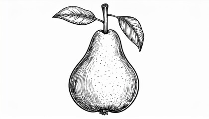 Detailed Sketch of a Pear with Leaves in Black and White Still Life Drawing